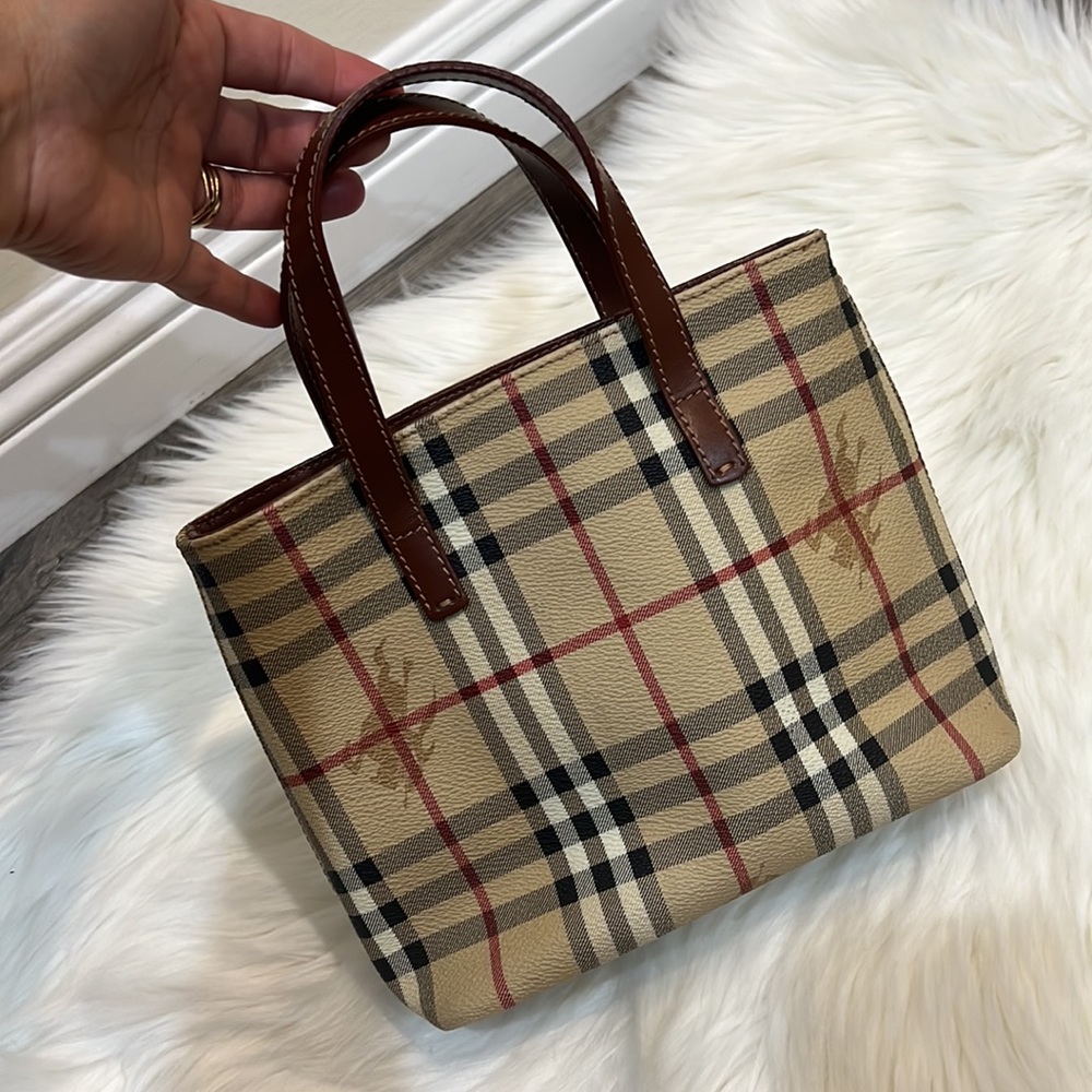 Burberry Tan Check Mini Tote with Brown Leather Handles